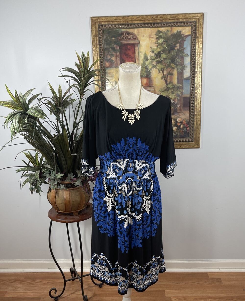 London Times Blue Black Medallion Print Dress Size 8 3/4 Sleeve Stretch‎ Boho